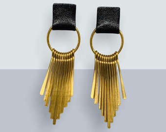 Leather Metal Fringe Earring - The Danielle Earring - Black Leather, Brass Pendant, Lightweight, Hypoallergenic Earrings