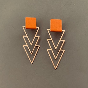 Leather Metal Triangle Earrings - The Amanda Earring - Burnt Orange Leather, Brass Triangles, Lightweight, Hypoallergenic Earrings