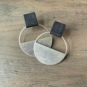 Leather Metal Half Moon Hoops - The Leslie Earring - Black Leather, Silver Hoops, Lightweight, Hypoallergenic Earrings