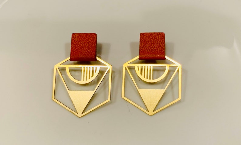 Art Deco Hexagon Earrings The Alice Earring Burnt Orange Leather, Brass Charms, Ultralight, Hypoallergenic Earrings image 3