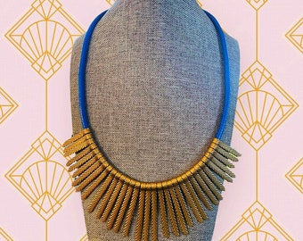 Leather Metal Fringe Necklace - The Corey Necklace - Blue Leather, Brass Fringe, Magnetic Brass Closure, Lightweight Necklace