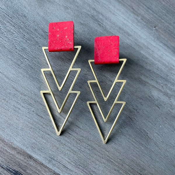 Cork Metal Triangle Earrings - The Amanda Earring - Red Cork, Brass Triangles, Lightweight, Hypoallergenic Earrings