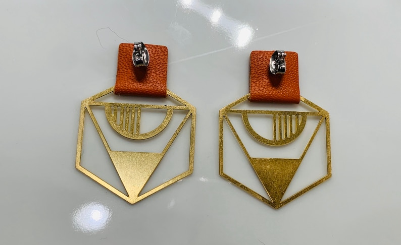 Art Deco Hexagon Earrings The Alice Earring Burnt Orange Leather, Brass Charms, Ultralight, Hypoallergenic Earrings image 4