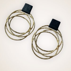 Leather Gold Statement Earrings - Black Leather, gold-plated charms, Hypoallergenic, Lightweight