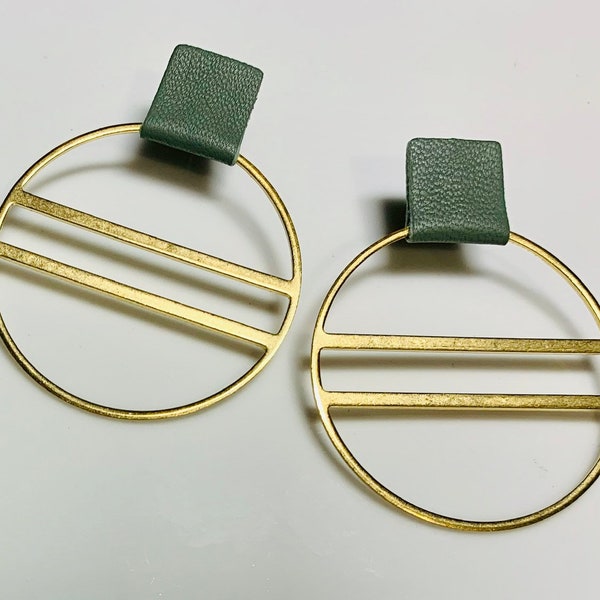 Metal Leather Hoop Earrings - The Kimberly Earring - Moss Green Leather, Brass Hoops, Lightweight, Hypoallergenic Earrings