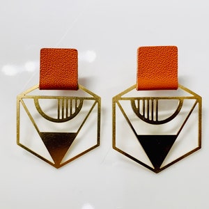 Art Deco Hexagon Earrings - The Alice Earring - Burnt Orange Leather, Brass Charms, Ultralight, Hypoallergenic Earrings