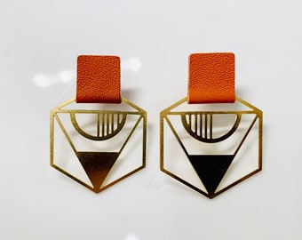 Art Deco Hexagon Earrings - The Alice Earring - Burnt Orange Leather, Brass Charms, Ultralight, Hypoallergenic Earrings