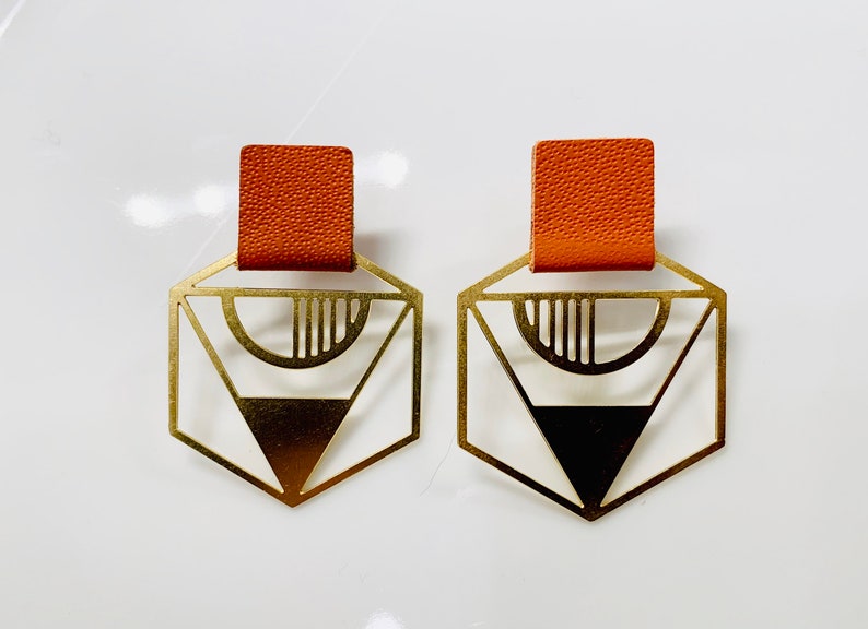 Art Deco Hexagon Earrings The Alice Earring Burnt Orange Leather, Brass Charms, Ultralight, Hypoallergenic Earrings image 1