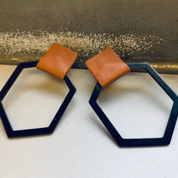 Metal Hexagon Leather Earrings- The Nicole Earring - Tan Leather, Black Metal Hexagon, Lightweight, Hypoallergenic Earrings