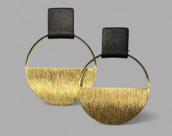 Leather Metal Half Moon Hoops - The Leslie Earring - Black Leather, Etched Brass Hoops, Lightweight, Hypoallergenic Earrings