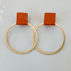 Leather Metal Hoop Earrings - The Patricia Earring - Burnt Orange Leather, Brass Hoops, Ultra-lightweight, Hypoallergenic