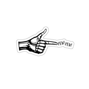 Può includere: Un'illustrazione in bianco e nero di una mano che punta a destra con il testo "PEW! PEW!" in un font stilizzato.