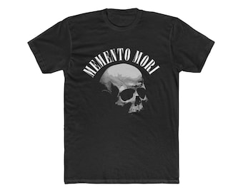 May include: Black t-shirt with a white skull graphic and the text "MEMENTO MORI" printed on the front.