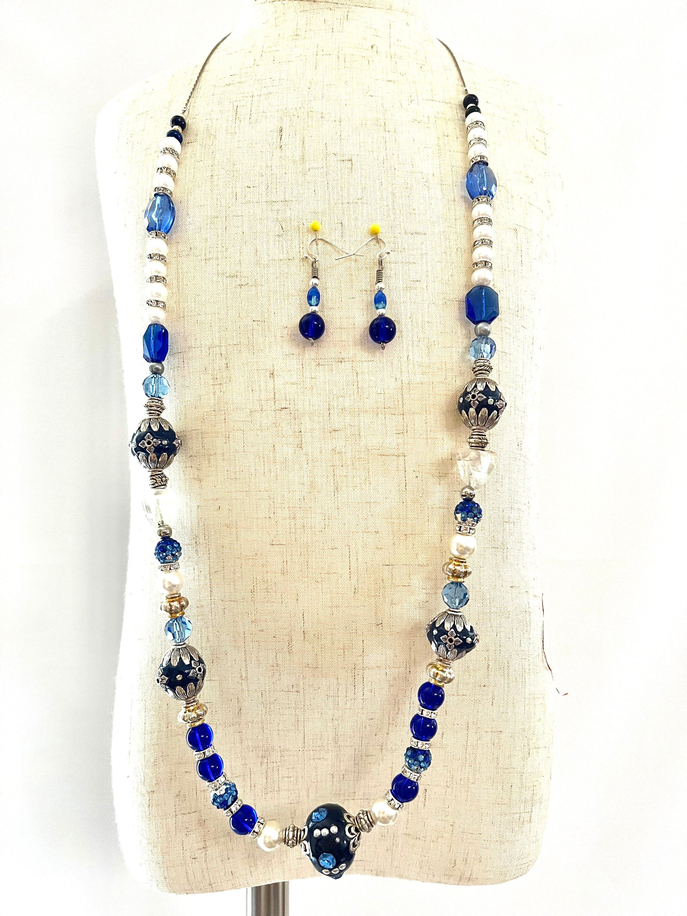 Blue and Black  stone with crystal  accents necklace with matching earrings