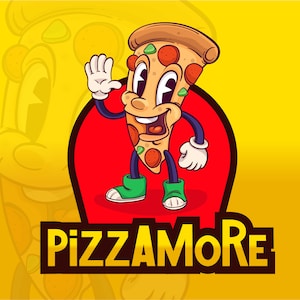 May include: A cartoon pizza slice with a smiling face, wearing green and white shoes, and waving with a white gloved hand. The pizza slice is in a red circle with the text "PIZZAMORE" in yellow and black letters below.