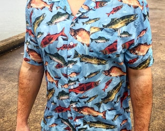 Chemise poissons saumon, chemise homme extérieur saumon d'Alaska, chemise saumon sockeye quinnat coho, chemises douces pour amateurs de poisson, cadeaux de pêche pour homme