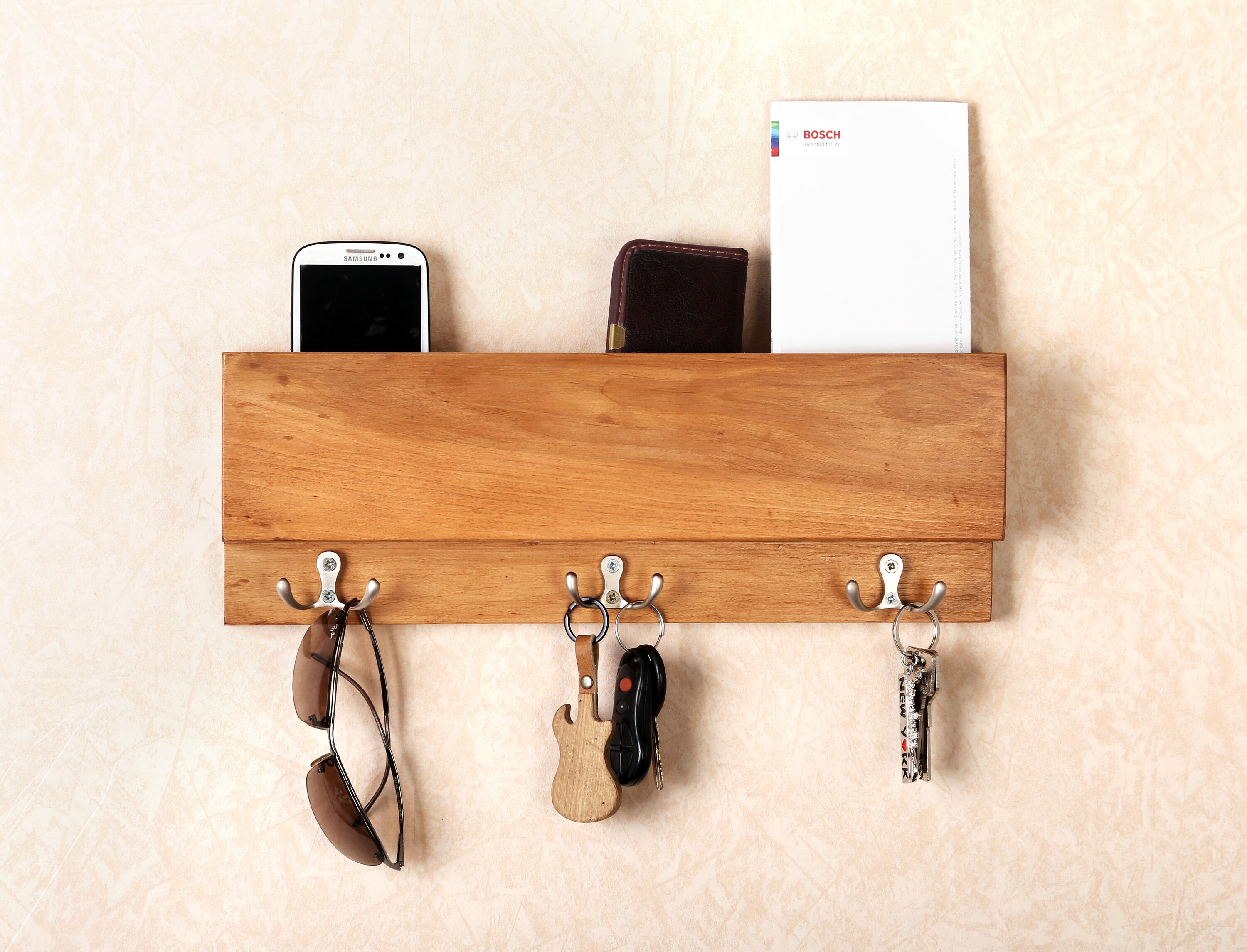 Wall Wooden Mail Holder shelf with hooks for organizing Key Etsy