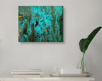 Original Abstract Acrylic Pour Painting, Turquoise Green Gold, Modern Wall Art