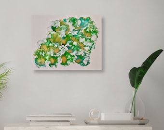 Original Abstract Acrylic Pour Painting, Green Gold Turquoise Wall Art (16x20)