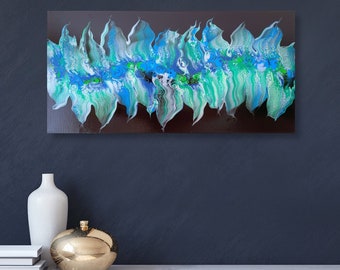 Original Abstract Acrylic Pour Painting, Metallic Fluid Art, 16x32 Canvas