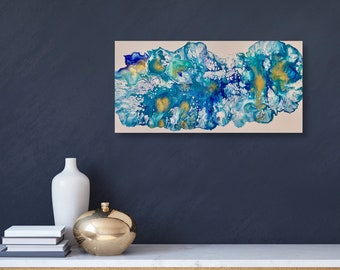 Original Abstract Acrylic Pour Painting, Blue, Turquoise, Gold, 12x24