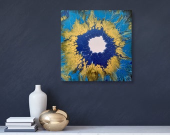 Original Acrylic Pour Painting, Metallic Blue Gold Fluid Art, 40cm Canvas