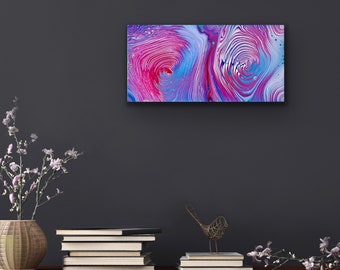 Original Abstract Acrylic Pour Painting, Magenta Blue Swirls, 12x24 Canvas