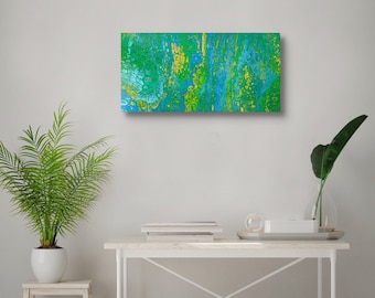 Original Acrylic Pour Painting, Green Blue Yellow Fluid Art, 16x32 Canvas