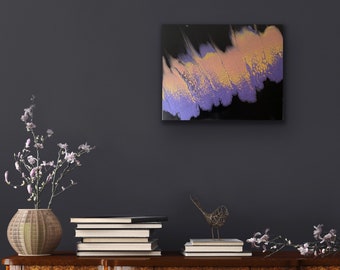 Original acrylic pour painting on canvas, modern abstract wall art, 16 x 20, purple and gold on black