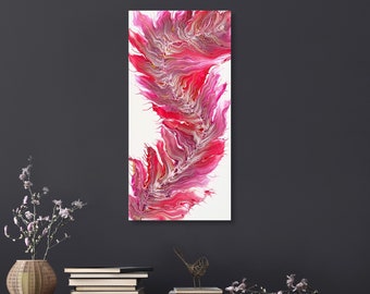 Original Acrylic Pour Painting, Pink Feather Abstract Canvas Wall Art (32x16 inches)