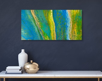 Original Acrylic Pour Painting, Modern Abstract Fluid Art, 16x32 Canvas