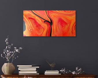 Original Gold and Orange Acrylic Pour Painting, Modern Abstract Canvas Wall Art (16x32 inches)