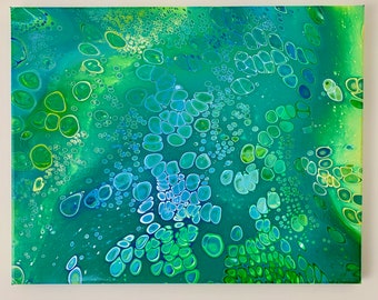 Abstract Acrylic Pour Painting, Green & Blue Canvas Wall Art