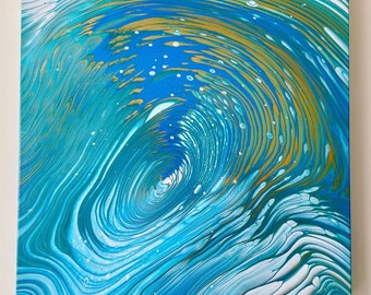 Original Acrylic Pour Painting, Metallic Gold, Blue Abstract Wall Art