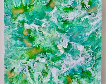 Original Green Gold Abstract Acrylic Pour Painting, Modern Wall Art