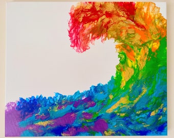 Original Rainbow Wave Acrylic Pour Painting, 20x24 Canvas Wall Art