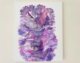 Original Abstract Acrylic Pour Painting, Purple Magenta Silver Art, 20x16