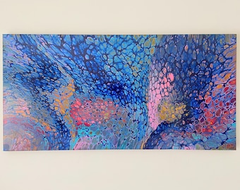 Original Abstract Acrylic Pour Painting, Modern Fluid Art, 16x32 Canvas