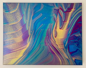 Original Abstract Acrylic Pour Painting, Metallic Gold, Blue, Purple, 16x20