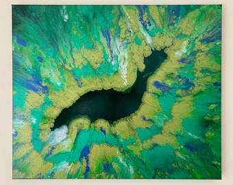 Original Acrylic Pour Painting, Metallic Green and Blue Fluid Art, 20x24 Canvas