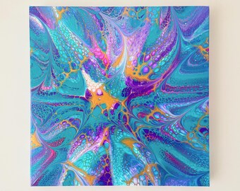 Original Acrylic Pour Painting, Teal Bloom, Modern Abstract Wall Art