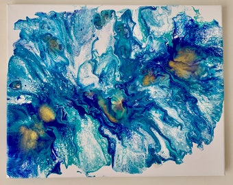 Original Abstract Acrylic Pour Painting, Blue Gold Turquoise Canvas Art (40cm x 50cm)