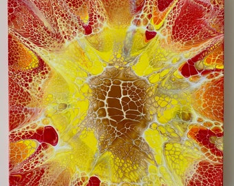 Original Acrylic Pour Painting, Red Yellow Abstract Wall Art