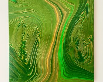 Original Abstract Acrylic Pour Painting, Green Gold Fluid Art
