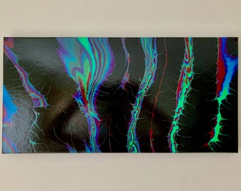 Original Abstract Acrylic Pour Painting, Bright Colors on Black Canvas