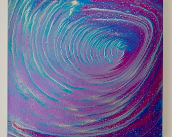 Abstract Acrylic Pour Painting, Metallic Blue Gold Purple Wall Art