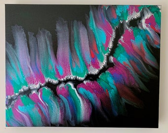 Original Acrylic Pour Painting, Metallic Feather Abstract Canvas Art