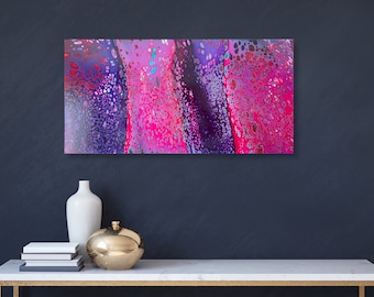 Original Acrylic Pour Painting, Purple Magenta Cell Art, 16x32 Canvas