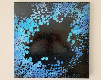 Original Acrylic Pour Painting, Metallic Blue Silver Fluid Art, 18x18