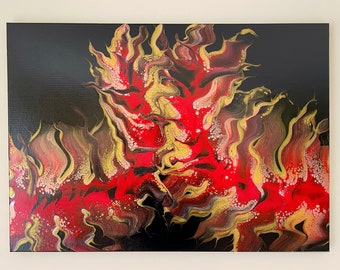 Original Abstract Acrylic Pour Painting, Red and Gold Canvas Wall Art